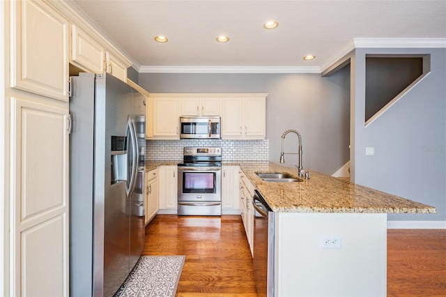 102 S Moody Ave Unit 1, Tampa, FL 33609 - kitchen with stainless steel appliances, a peninsula, a sink, light wood finished floors, and ornamental molding