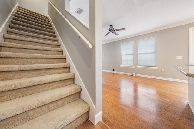 102 S Moody Ave Unit 1, Tampa, FL 33609 - stairs with crown molding, wood finished floors, ceiling fan, and baseboards