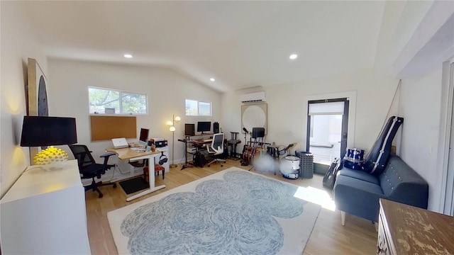 1200 47th St N, Saint Petersburg, FL 33713 - living area featuring a wall mounted AC, an office area, light wood-style floors, vaulted ceiling, and recessed lighting