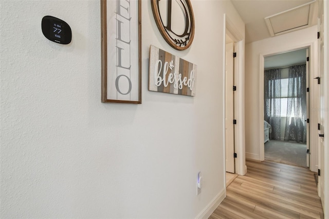 9577 Sandy Bluffs Cir, Parrish, FL 34219 - hallway featuring baseboards, attic access, and light wood finished floors