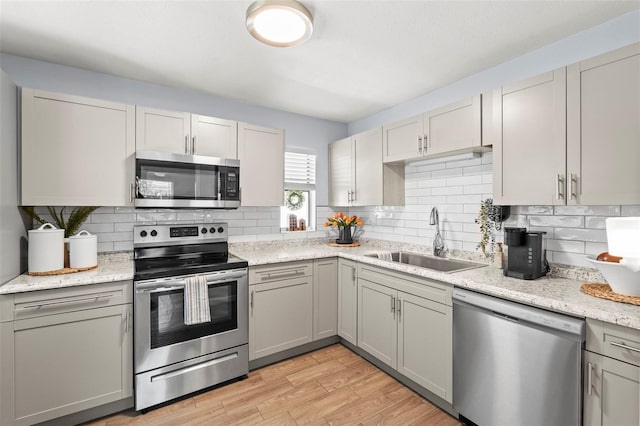 512 Flame Tree Dr, Apollo Beach, FL 33572 - kitchen featuring appliances with stainless steel finishes, a sink, decorative backsplash, light wood-type flooring, and gray cabinetry
