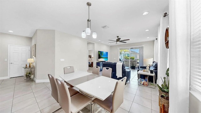 6118 Voyagers Pl, Apollo Beach, FL 33572 - dining room with light tile patterned floors, ceiling fan, and recessed lighting