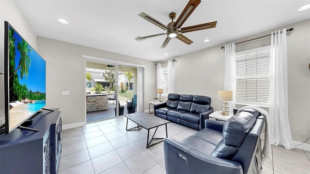 6118 Voyagers Pl, Apollo Beach, FL 33572 - living room with a ceiling fan, light tile patterned flooring, and recessed lighting