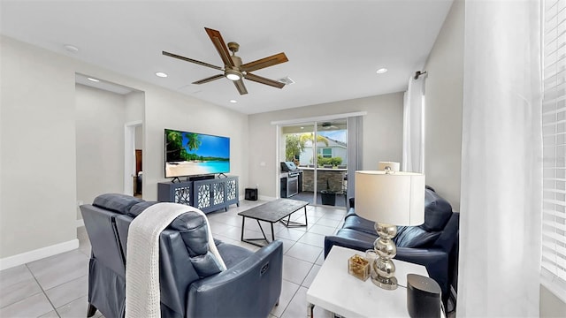 6118 Voyagers Pl, Apollo Beach, FL 33572 - living area featuring ceiling fan, light tile patterned floors, and recessed lighting