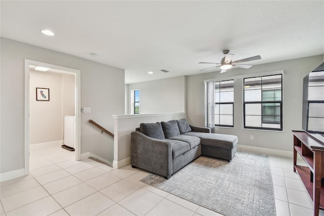 13311 Dorado Shores Ave, Riverview, FL 33579 - living room with a ceiling fan, light tile patterned flooring, recessed lighting, and baseboards