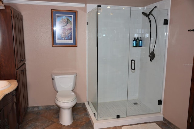 12929 Sugar Creek Blvd, Hudson, FL 34669 - full bathroom featuring a stall shower, toilet, baseboards, and vanity