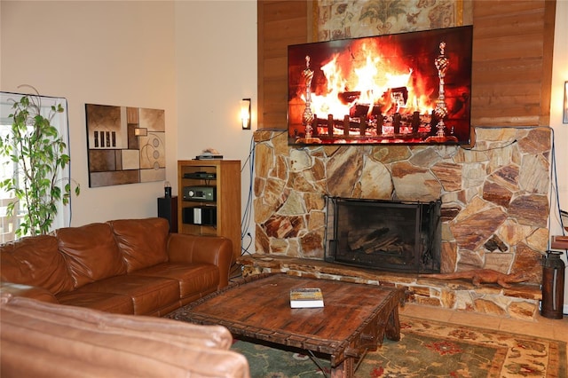 12929 Sugar Creek Blvd, Hudson, FL 34669 - living area featuring a stone fireplace