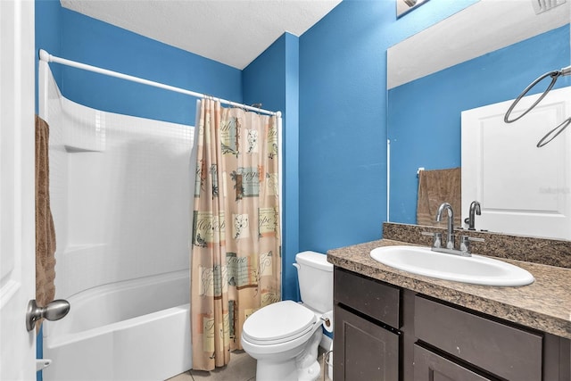 14135 Arbor Pines Dr, Riverview, FL 33579 - full bathroom with toilet, shower / bathtub combination with curtain, vanity, tile patterned floors, and a textured ceiling