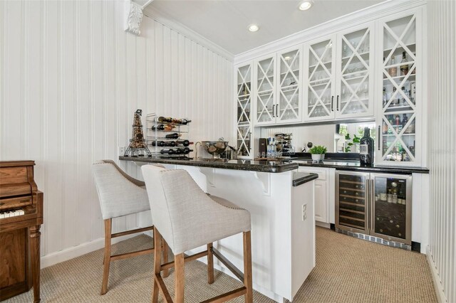 16502 Millan De Avila, Tampa, FL 33613 - indoor wet bar with light colored carpet, beverage cooler, crown molding, recessed lighting, and baseboards