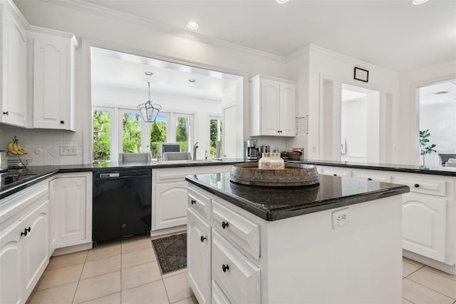 16502 Millan De Avila, Tampa, FL 33613 - kitchen with black appliances, light tile patterned floors, a center island, a sink, and white cabinetry