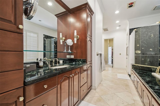 16502 Millan De Avila, Tampa, FL 33613 - bathroom featuring ornamental molding, vanity, a shower, baseboards, and recessed lighting