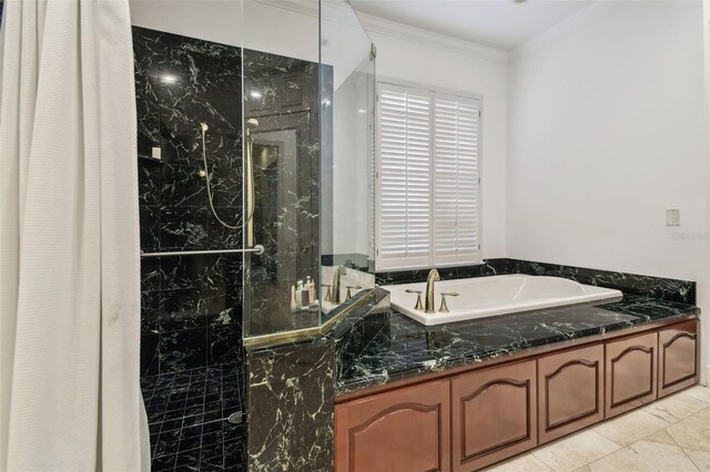 16502 Millan De Avila, Tampa, FL 33613 - full bathroom with a bath, a marble finish shower, and ornamental molding
