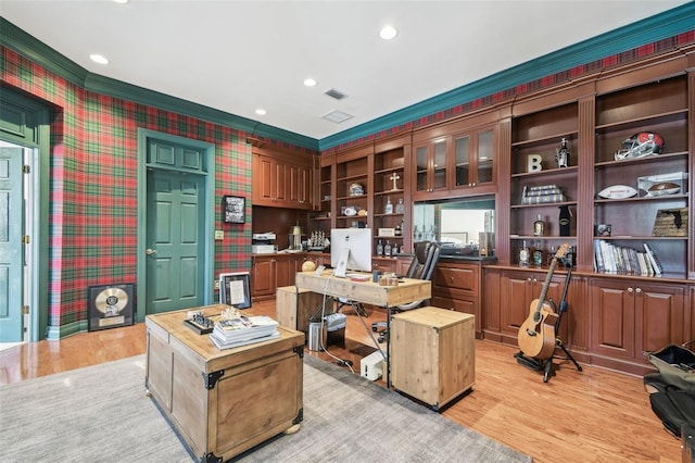 16502 Millan De Avila, Tampa, FL 33613 - office featuring wallpapered walls, light wood-type flooring, recessed lighting, crown molding, and built in desk