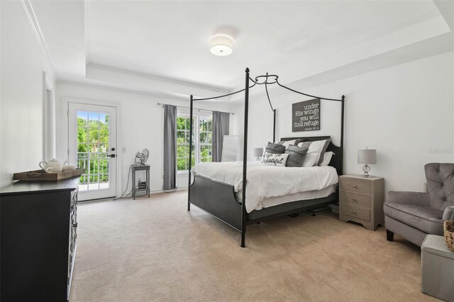 16502 Millan De Avila, Tampa, FL 33613 - bedroom with light colored carpet, access to exterior, and a tray ceiling