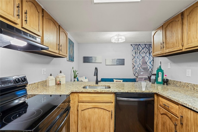 802 Antler Ct, Brandon, FL 33511 - kitchen featuring black electric range, a sink, dishwashing machine, under cabinet range hood, and a peninsula