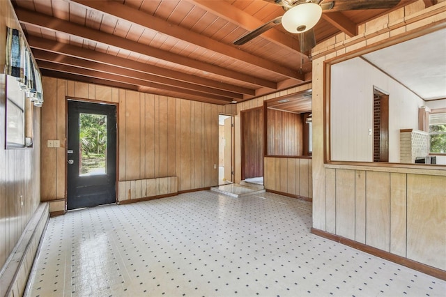 601 75th St N, Saint Petersburg, FL 33710 - entryway featuring wood walls, wooden ceiling with exposed beams, ceiling fan, baseboards, and light floors