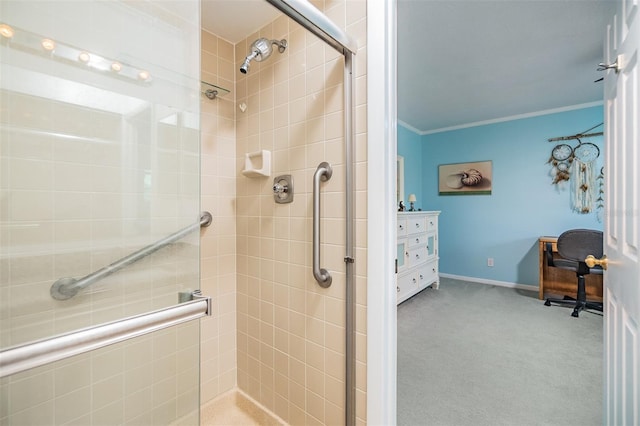 1400 Tarpon Woods Blvd Unit E4, Palm Harbor, FL 34685 - bathroom with a stall shower and crown molding