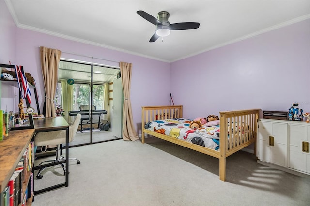 1400 Tarpon Woods Blvd Unit E4, Palm Harbor, FL 34685 - carpeted bedroom with access to exterior, crown molding, a ceiling fan, and an office area