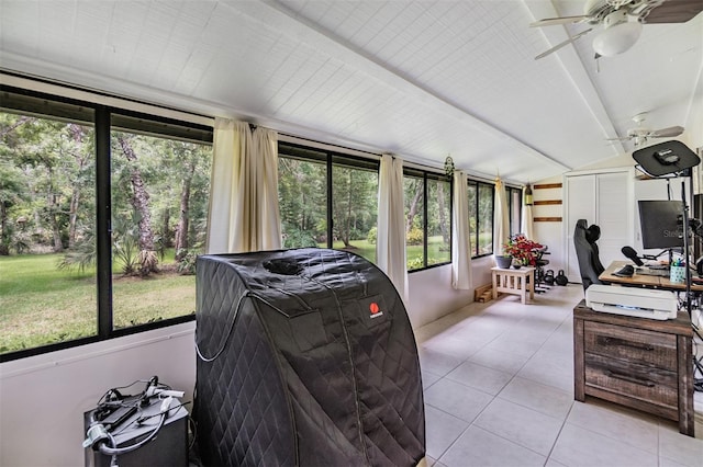 1400 Tarpon Woods Blvd Unit E4, Palm Harbor, FL 34685 - sunroom with a ceiling fan, lofted ceiling, and tile patterned floors