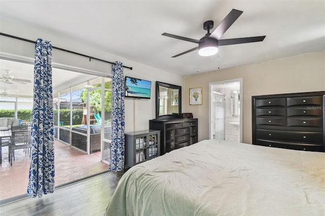 10387 Majestic Dr, Largo, FL 33774 - bedroom featuring access to exterior, wood finished floors, ceiling fan, and connected bathroom