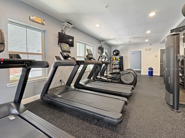 202 E S St Unit 5050, Orlando, FL 32801 - gym featuring baseboards, a ceiling fan, and recessed lighting