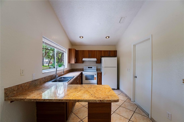 4032 Albany Rd, Labelle, FL 33935 - kitchen with white appliances, a sink, vaulted ceiling, under cabinet range hood, and brown cabinetry