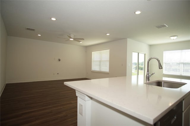 9512 Summers Cay Cir, Thonotosassa, FL 33592 - kitchen with a sink, dark wood finished floors, a ceiling fan, recessed lighting, and light countertops