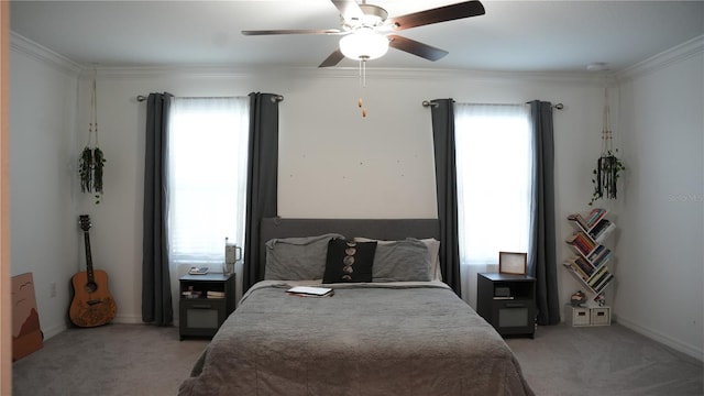36439 Garden Wall Way, Zephyrhills, FL 33541 - bedroom with light colored carpet, ornamental molding, a ceiling fan, and baseboards