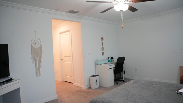36439 Garden Wall Way, Zephyrhills, FL 33541 - office space featuring crown molding, a ceiling fan, light colored carpet, and baseboards