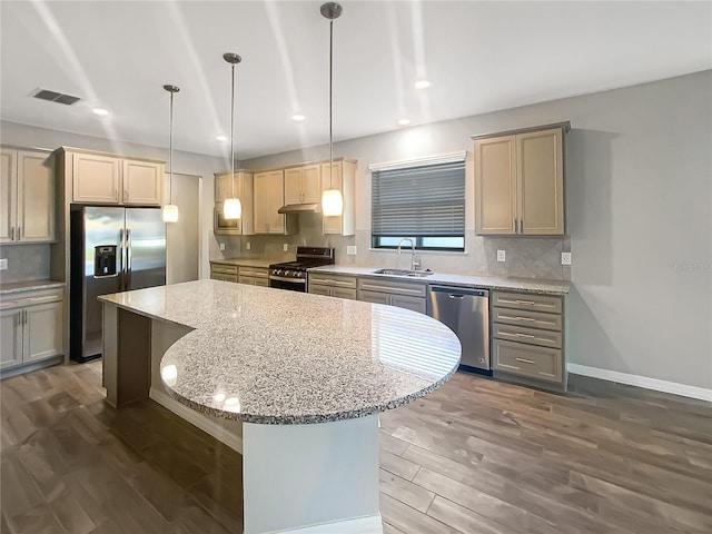 19664 Ship Wheel Way, Land O Lakes, FL 34638 - kitchen with appliances with stainless steel finishes, a sink, dark wood-type flooring, recessed lighting, and light stone countertops
