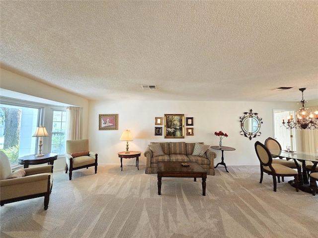 3509 Oak Lake Dr, Palm Harbor, FL 34684 - living area with light colored carpet, a chandelier, and a textured ceiling