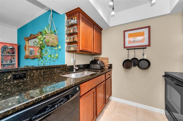 704 Lyndhurst St Unit 624, Dunedin, FL 34698 - kitchen with black appliances, brown cabinetry, dark stone counters, ornamental molding, and a sink