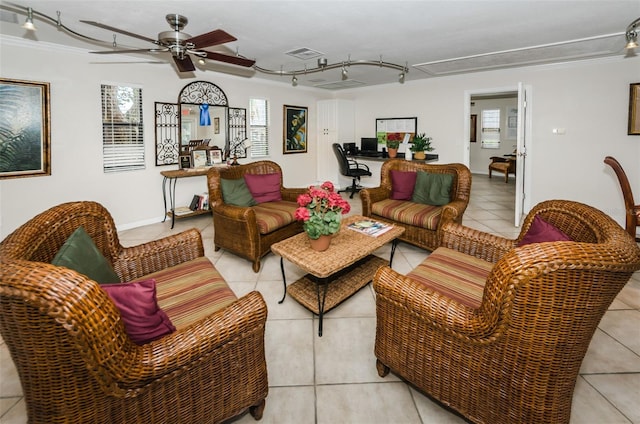 704 Lyndhurst St Unit 624, Dunedin, FL 34698 - living room featuring light tile patterned flooring, ceiling fan, and rail lighting