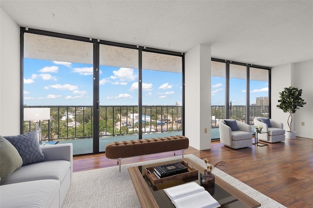 500 N Osceola Ave Unit 811, Clearwater, FL 33755 - living room featuring a wall of windows, wood finished floors, and a textured ceiling