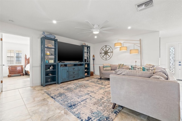 629 Fort Duquesna Dr, Sun City Center, FL 33573 - living room featuring ceiling fan, recessed lighting, and light tile patterned floors