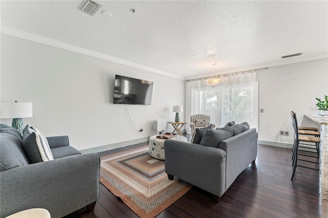 512 1st St Unit 108, Indian Rocks Beach, FL 33785 - living area with dark wood-style floors, crown molding, a textured ceiling, and baseboards