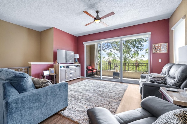 731 Cruise View Dr, Tampa, FL 33602 - living room featuring a ceiling fan, wood finished floors, and a textured ceiling