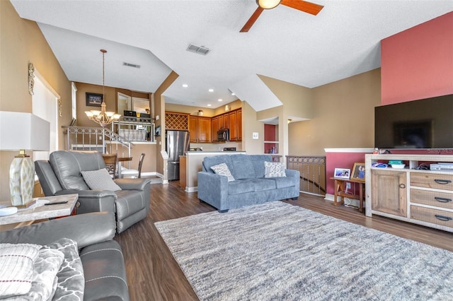 731 Cruise View Dr, Tampa, FL 33602 - living area with a chandelier, a ceiling fan, dark wood-type flooring, and baseboards