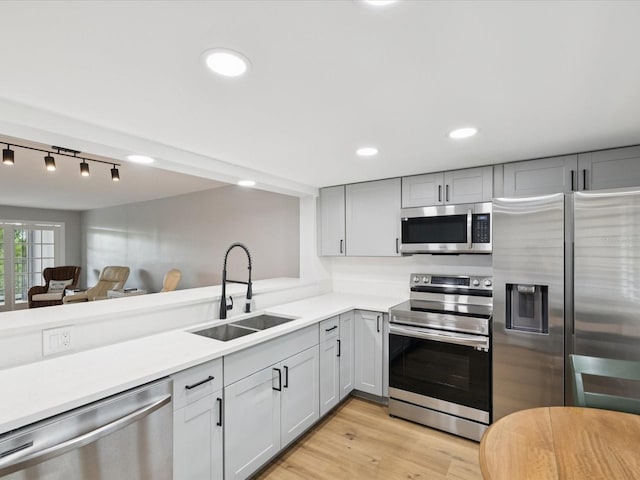 3062 Eastland Blvd Unit 405, Clearwater, FL 33761 - kitchen with appliances with stainless steel finishes, a sink, light countertops, track lighting, and gray cabinets