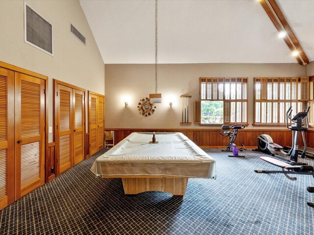 3062 Eastland Blvd Unit 405, Clearwater, FL 33761 - playroom with carpet floors, wainscoting, high vaulted ceiling, wood walls, and billiards table
