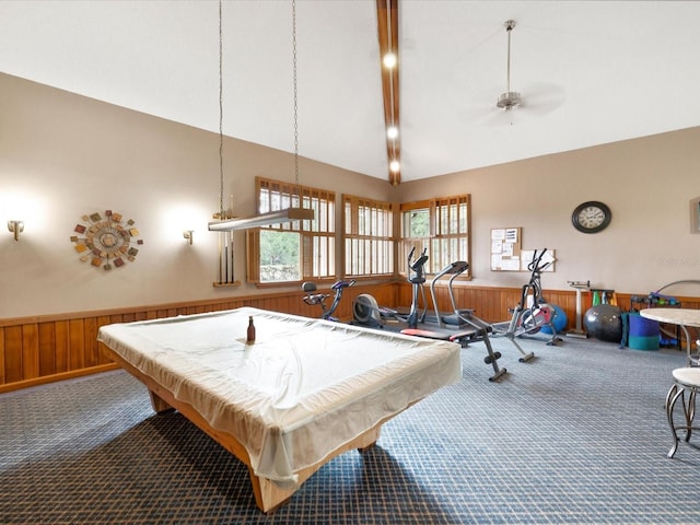 3062 Eastland Blvd Unit 405, Clearwater, FL 33761 - playroom with carpet flooring, wainscoting, wood walls, ceiling fan, and pool table