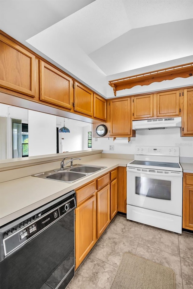 2749 Countryside Blvd Unit 20, Clearwater, FL 33761 - kitchen featuring white electric range oven, dishwasher, under cabinet range hood, a sink, and light countertops