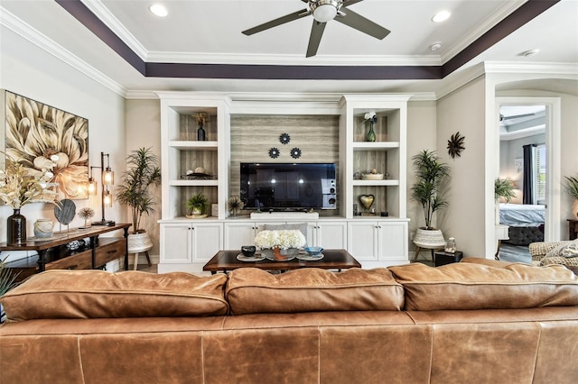 222 Toscavilla Blvd, Nokomis, FL 34275 - living area featuring ceiling fan, crown molding, built in shelves, and recessed lighting