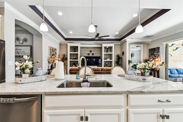222 Toscavilla Blvd, Nokomis, FL 34275 - kitchen with dishwasher, open floor plan, ornamental molding, ceiling fan, and hanging light fixtures