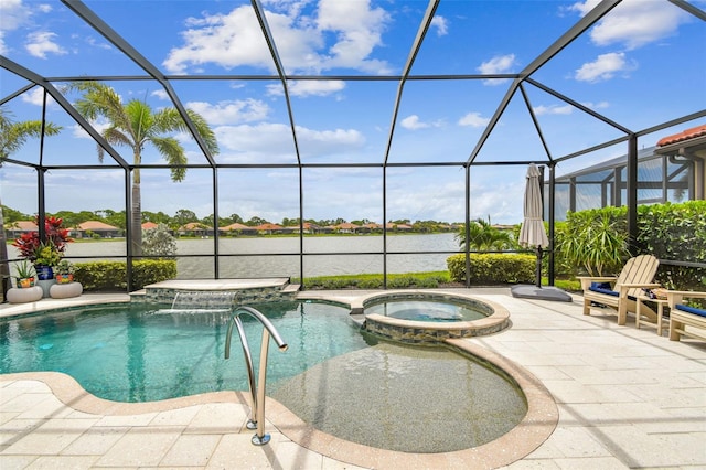 222 Toscavilla Blvd, Nokomis, FL 34275 - view of swimming pool with a patio, glass enclosure, a pool with connected hot tub, and a water view
