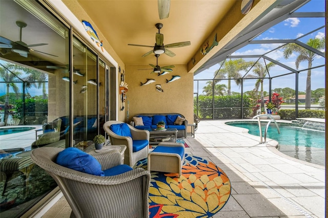 222 Toscavilla Blvd, Nokomis, FL 34275 - view of patio featuring ceiling fan, an outdoor living space, and an outdoor pool