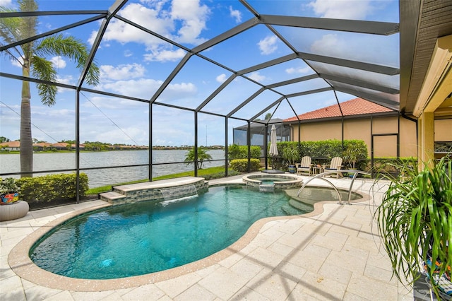 222 Toscavilla Blvd, Nokomis, FL 34275 - view of swimming pool featuring a patio area, a water view, a pool with connected hot tub, and glass enclosure