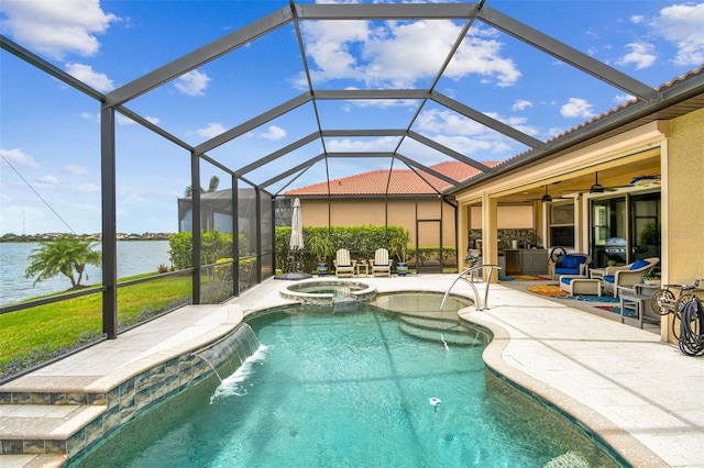 222 Toscavilla Blvd, Nokomis, FL 34275 - view of pool featuring a patio, ceiling fan, a water view, a pool with connected hot tub, and glass enclosure