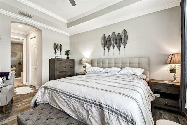 222 Toscavilla Blvd, Nokomis, FL 34275 - bedroom with arched walkways, wood finished floors, ornamental molding, recessed lighting, and ceiling fan