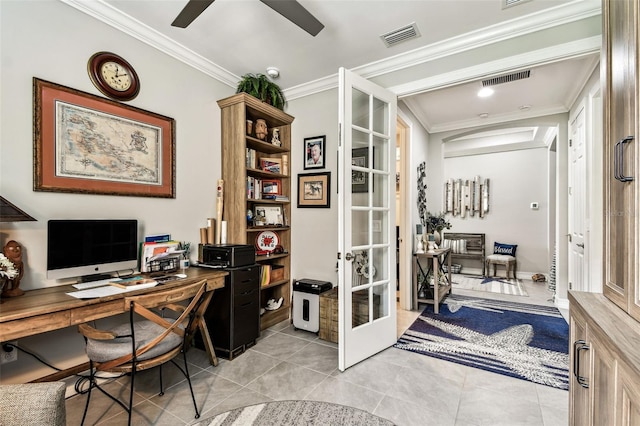 222 Toscavilla Blvd, Nokomis, FL 34275 - home office with ornamental molding, french doors, light tile patterned floors, and ceiling fan